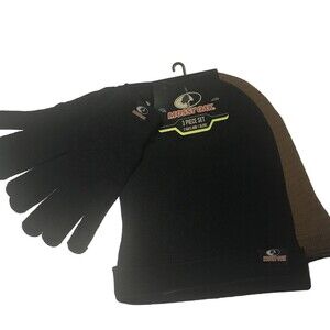 Mossy Oak 3 Piece Set 2 Beanie Hats & 1 Glove Black & Brown Unisex